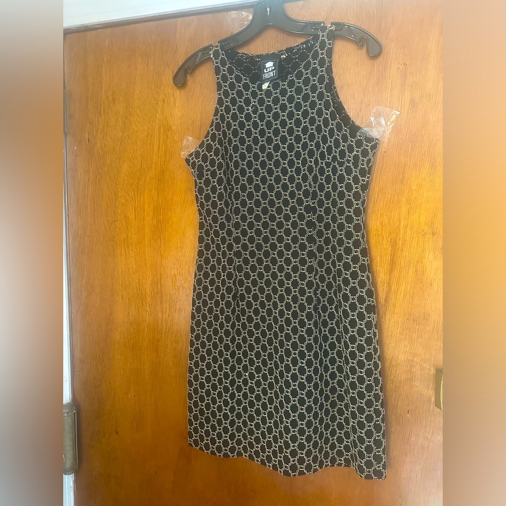 Career Wear UP FRONT Medium Black Gold Metallic Sheath Dress Sleeveless Pull On